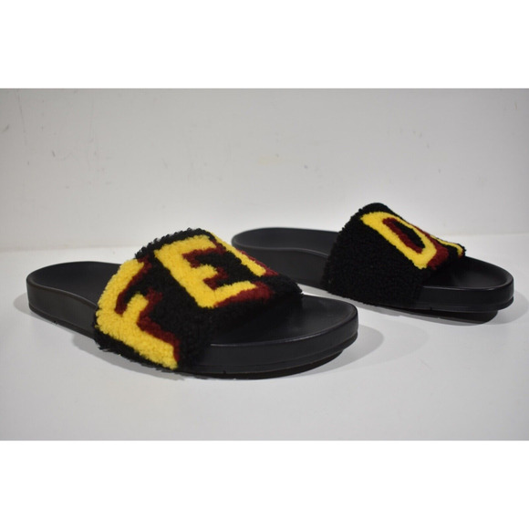 Fendi Mens Shearling Fur Logo Yellow Red Black Flat Slide Sandal Flip Flop 7 - Picture 4 of 12